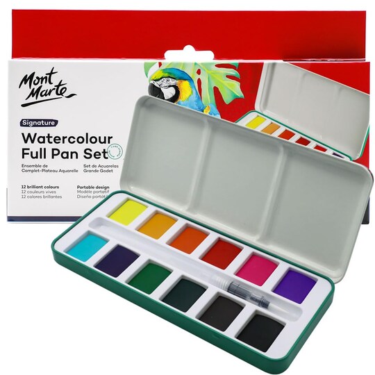 Mont Marte; Watercolor Set Full Pan Signature 13pc in Tin, Vibrant, Multi-Color with Translucent Finish, Portable Watercolor Set; Category:Watercolor Paint; Image:1